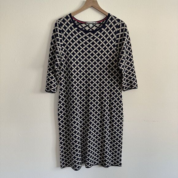 Boden Sweater Knit Midi Dress Women Size 12  Stretch Navy White Cotton Blend - Picture 8 of 8